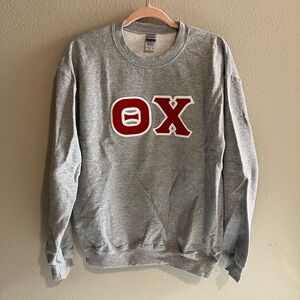Theta Chi Gildan Gray Crewneck Sweater with Red Lettering